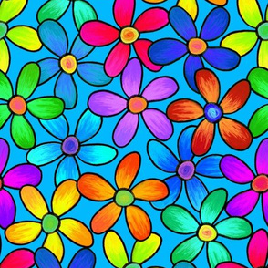 Psychedelic Hand Drawn Hawaiian Flowers // Deep Sky Blue, Cobalt, Green, Neon Yellow, Purple, Magenta, Orange