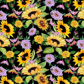 Joyful Bees English Flower Garden with Sunflowers, Peonies and Honeysuckle