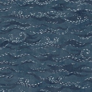 Sashiko Sea in Indigo Blue | Japanese stitch patterns on a faded dark blue linen texture, ocean surf, waves pattern on vintage blue.