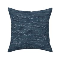Sashiko Sea in Indigo Blue (large scale) | Japanese stitch patterns on a faded dark blue linen texture, ocean surf, waves pattern on vintage blue.