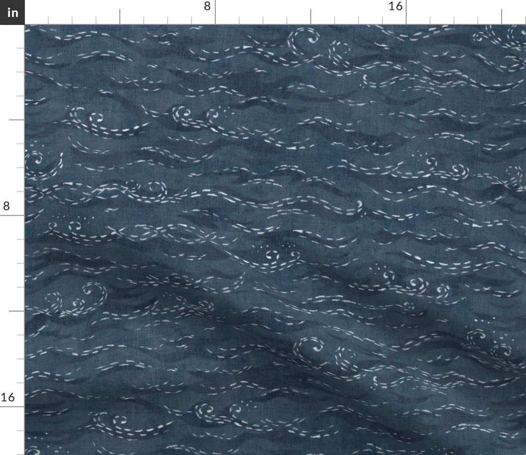 Sashiko Sea in Indigo Blue (large scale) | Japanese stitch patterns on a faded dark blue linen texture, ocean surf, waves pattern on vintage blue.