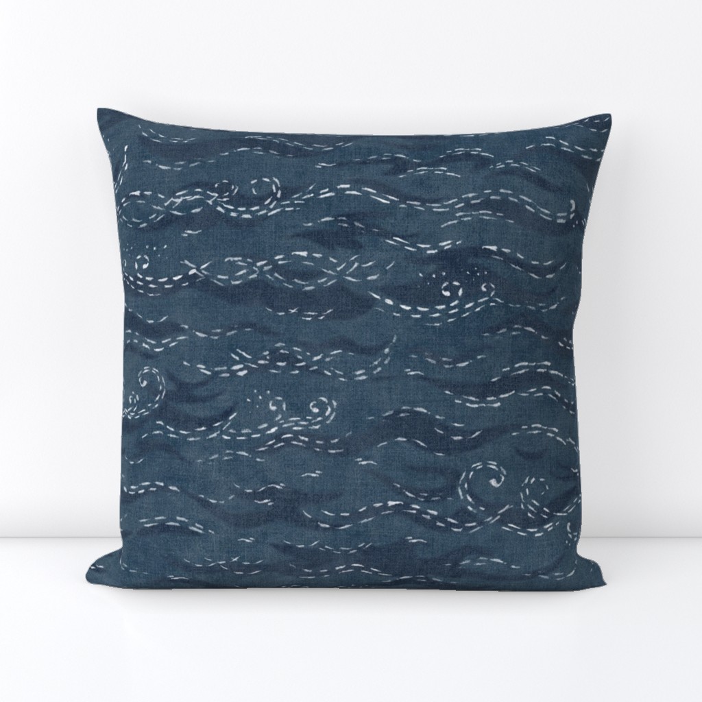 Sashiko Sea in Indigo Blue (xl scale) | Japanese stitch patterns on a faded dark blue linen texture, ocean surf, waves pattern on vintage blue.