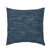 Sashiko Sea in Indigo Blue (xl scale) | Japanese stitch patterns on a faded dark blue linen texture, ocean surf, waves pattern on vintage blue.