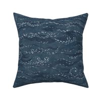Sashiko Sea in Indigo Blue (xl scale) | Japanese stitch patterns on a faded dark blue linen texture, ocean surf, waves pattern on vintage blue.