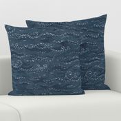 Sashiko Sea in Indigo Blue (xl scale) | Japanese stitch patterns on a faded dark blue linen texture, ocean surf, waves pattern on vintage blue.