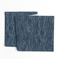 Sashiko Sea in Indigo Blue (xl scale) | Japanese stitch patterns on a faded dark blue linen texture, ocean surf, waves pattern on vintage blue.