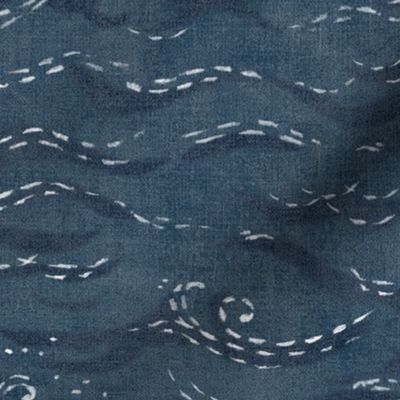 Sashiko Sea in Indigo Blue (xl scale) | Japanese stitch patterns on a faded dark blue linen texture, ocean surf, waves pattern on vintage blue.