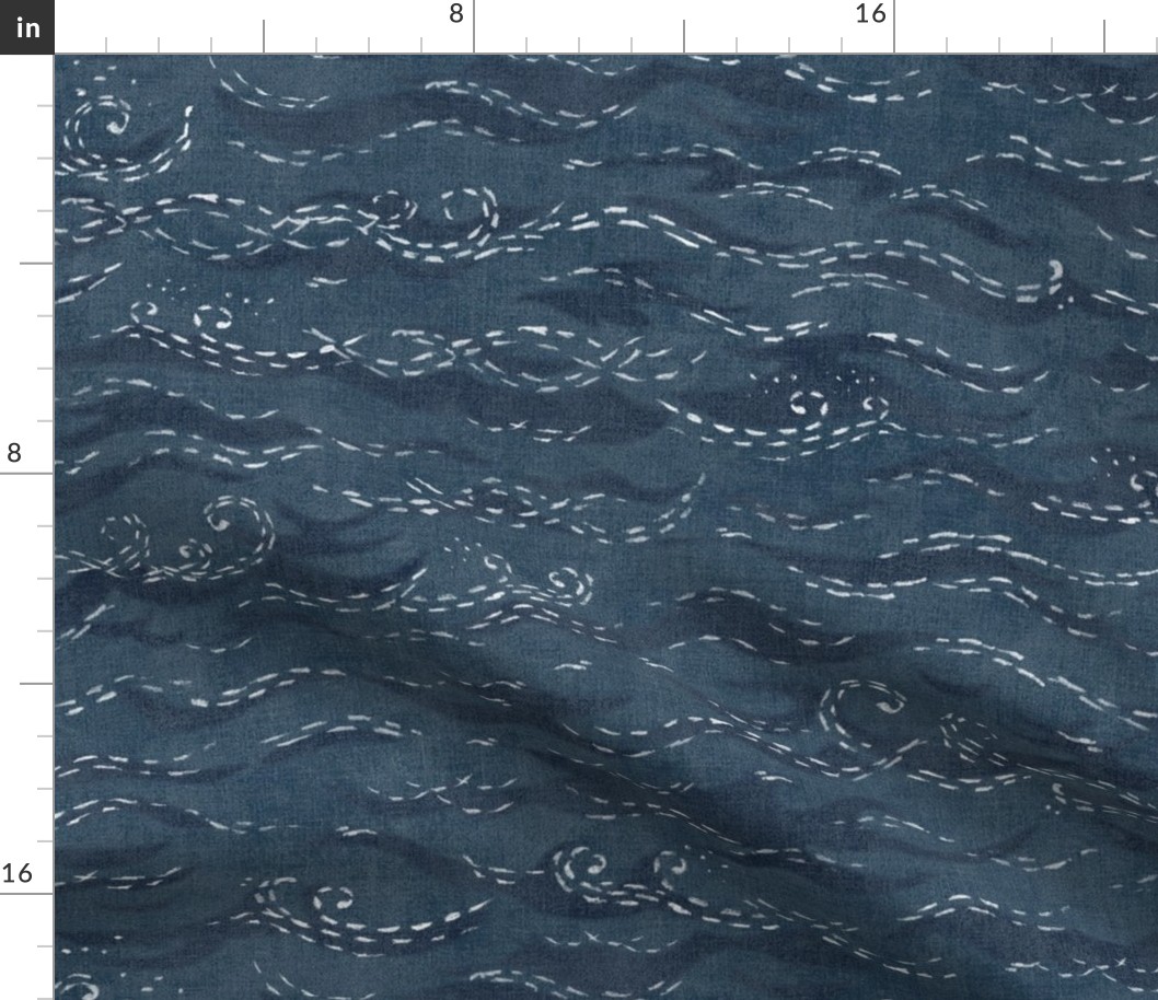 Sashiko Sea in Indigo Blue (xl scale) | Japanese stitch patterns on a faded dark blue linen texture, ocean surf, waves pattern on vintage blue.