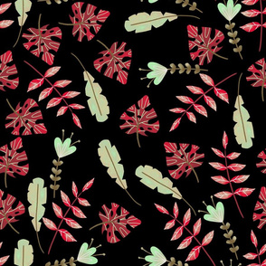 Red and Black Tropical Leaves Watercolor Style 2021 Trend Colors for Wallpaper and Fabric Kids and Baby 