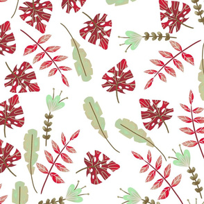 White and Red Tropical Leaves Watercolor Style 2021 Trend Colors for Wallpaper and Fabric Kids and Baby 