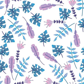 Lilac and Blue Tropical Leaves Watercolor Style 2021 Trend Colors for Wallpaper and Fabric Kids and Baby 