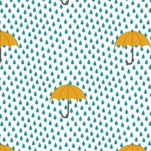 Raining Umbrellas - mustard and teal on white - medium small