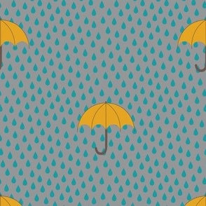 Raining umbrellas - mustard and teal on grey