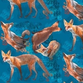 6x6-Inch Half-Drop Repeat of Multidirectional Young Foxes on Glorious Blue Background