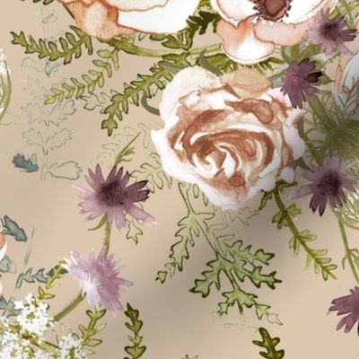 Hand drawn floral bouquet tranquil floral  in desert sand, peach , apricot, large scale, earth tones, neo-romanticism, artichoke, sage green, cottage core, romantic floral,  nursery wallpaper, baby girl, woodland flowers, soft, hand painted, fern wild flo