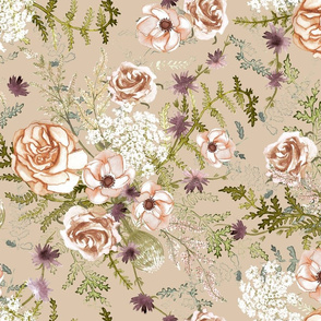 Hand drawn floral bouquet tranquil floral  in desert sand, peach , apricot, large scale, earth tones, neo-romanticism, artichoke, sage green, cottage core, romantic floral,  nursery wallpaper, baby girl, woodland flowers, soft, hand painted, fern wild flo