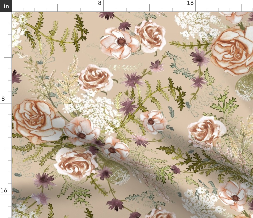 Hand drawn floral bouquet tranquil floral  in desert sand, peach , apricot, large scale, earth tones, neo-romanticism, artichoke, sage green, cottage core, romantic floral,  nursery wallpaper, baby girl, woodland flowers, soft, hand painted, fern wild flo