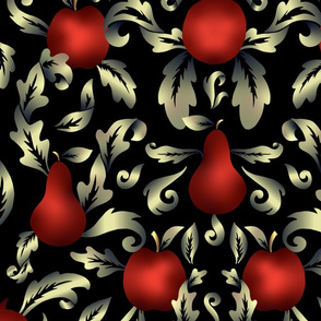 Rococo fruit greenish gold and red - black background - large scale