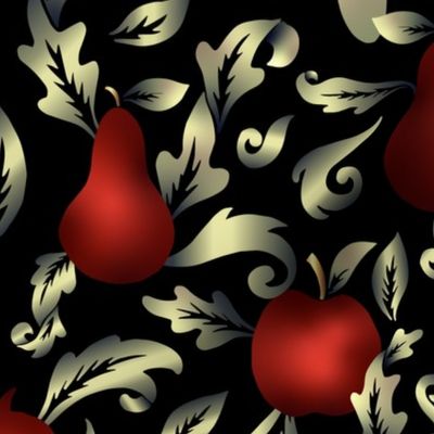Rococo fruit greenish gold and red - black background