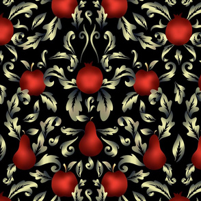 Rococo fruit greenish gold and red - black background