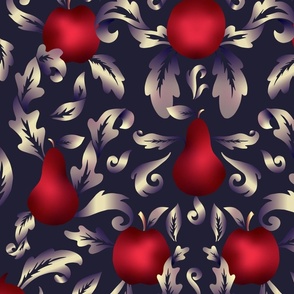 Rococo fruit purplish gold and red - dark purple background - large scale