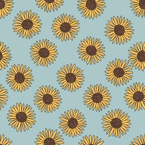 Sunflower print fabric -Dusty blue