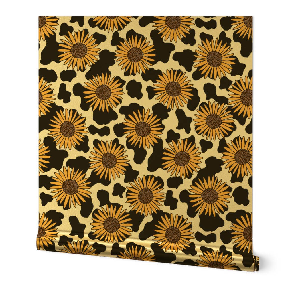 Sunflower cow  print fabric - black