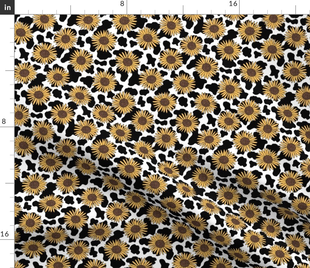 Sunflower cow  print fabric - black