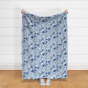 Mountain Flower Meadow: Floral blue sky days,  Blues on white, Medium Scale