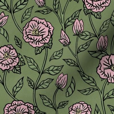 Pink Icing Camellias in Sage Green