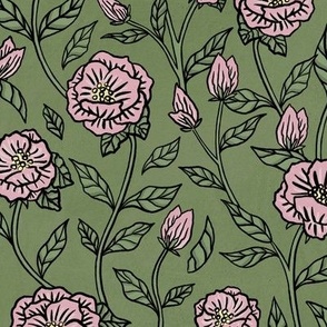 Pink Icing Camellias in Sage Green