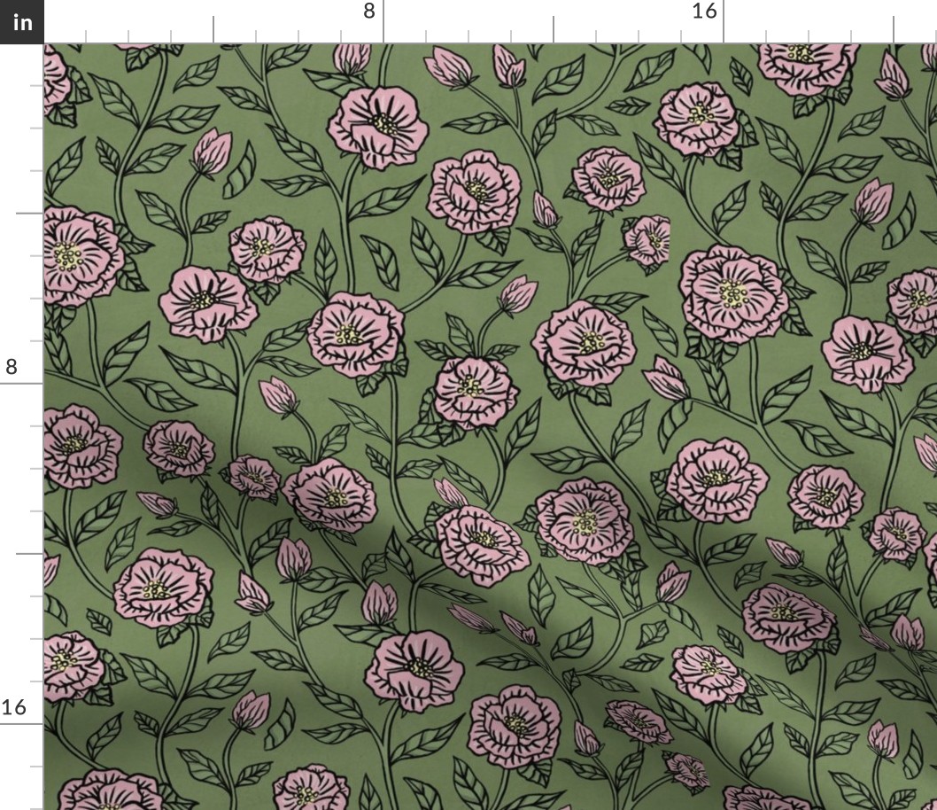 Pink Icing Camellias in Sage Green