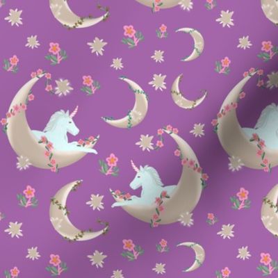 Unicorns in a vine wrapped moon amethyst background