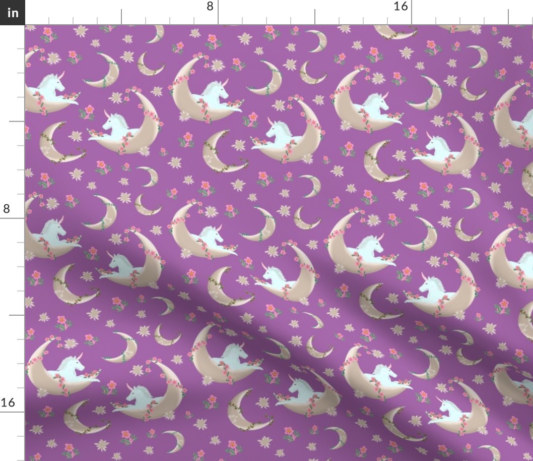 Unicorns in a vine wrapped moon amethyst background