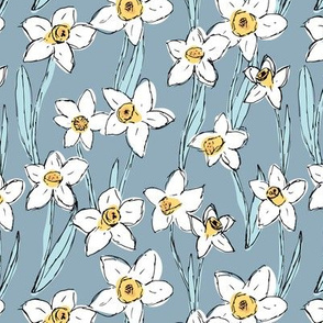 Raw daffodils boho garden daffodil blossom spring love nursery yellow moody blue ice
