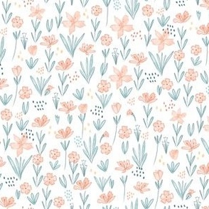 Small Peach and Teal Flowers on White