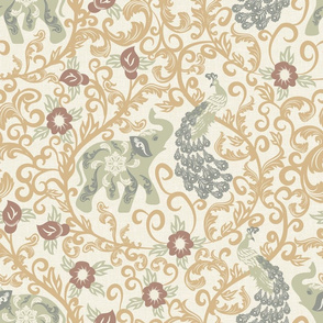 Elephant and Peacock Rococo- Tan Filigree with Sage Indian Elephant Silver Peacock Pale Rose Flowers on Eggshell White Linen Texture- Large Scale