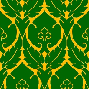 simple Renaissance damask, green on gold