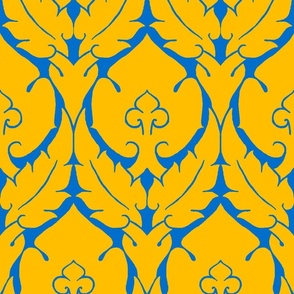 simple Renaissance damask, yellow on blue