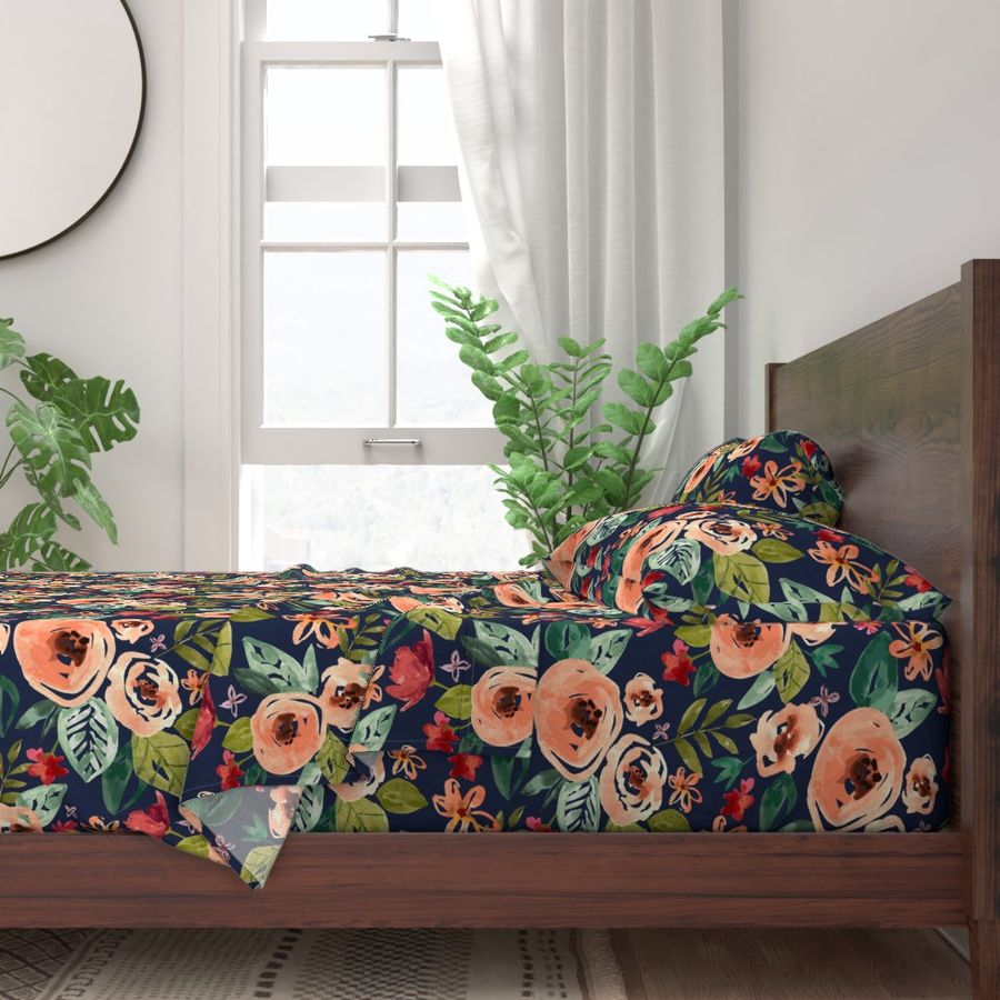 Hand-painted Floral Navy - Large