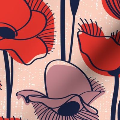 Field of poppies // normal scale // rose background neon red orange shade coral and dry rose wildflowers oxford navy blue line contour 