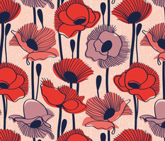 Field of poppies // normal scale // rose background neon red orange shade coral and dry rose wildflowers oxford navy blue line contour 
