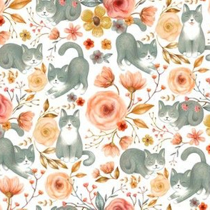 Fancy Felines with Flowers on white - small scale