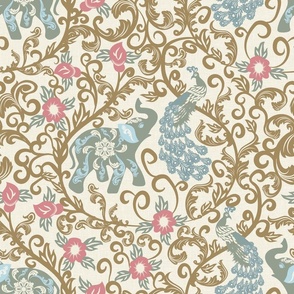Elephant and Peacock Rococo- Bronze Gold Filigree with Pale Artichoke Green Indian Elephant Pewter Blue Peacock Blush Pink Flowers on Eggshell White Linen Texture- Large Scale