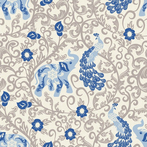 Elephant and Peacock Rococo- Silver Filigree with Pastel Blue Indian Elephant Lapis lazuli Blue Peacock and Flowers on Eggshell White Linen Texture- Large Scale