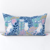 Big. Spring white cats. Summer kitties pattern.  Flowers and leaves.
