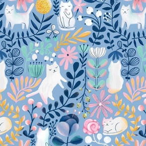 Big. Spring white cats. Summer kitties pattern.  Flowers and leaves.
