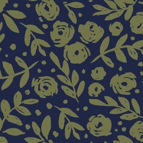 large scale - Isabella floral - navy and olive
