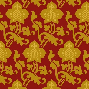 Medieval/Renaissance floral, gold on red
