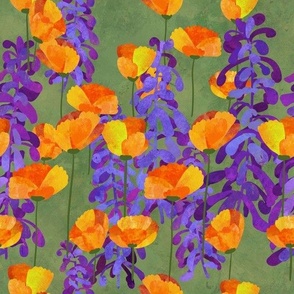 Orange Poppy Floral Wallpaper With Purple Lupine Flowers On Green